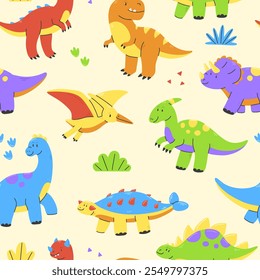 Seamless pattern with cute dinosaurs on beige background. Dino vector Illustration background.