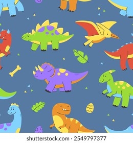 Seamless pattern with cute dinosaurs on blue background. Dino vector Illustration background.