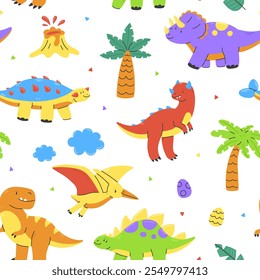 Seamless pattern with cute dinosaurs on white background. Dino vector Illustration background.