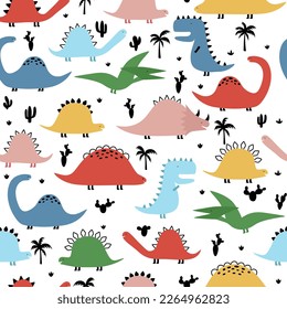 Seamless pattern with cute dinosaurs, palms and cacti for children print. 