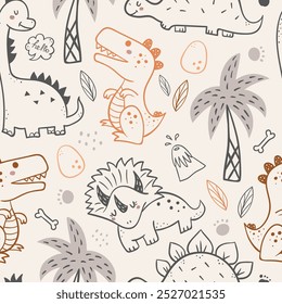 Seamless pattern with cute dinosaurs. Perfect for wallpaper, fabric, gift paper and other baby designs.