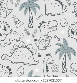 Seamless pattern with cute dinosaurs. Perfect for wallpaper, fabric, gift paper and other baby designs.
