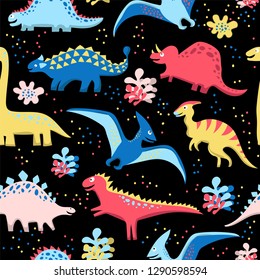 Seamless pattern with cute dinosaurs and prehistoric plants. Hand drawn funny illustrations for kids. Perfect as textile and clothes design, as wrapping paper, wallpapers, apparel. EPS8 vector.
