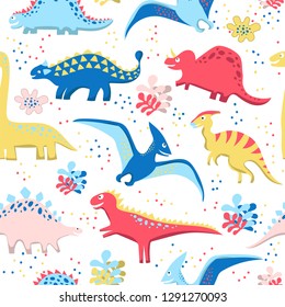 Seamless pattern with cute dinosaurs and prehistoric plants. Hand drawn funny illustrations for kids. Perfect as textile and clothes design, as wrapping paper, wallpapers, apparel. EPS8 vector.