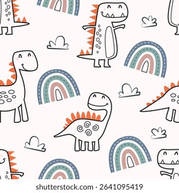 Seamless pattern with cute dinosaurs, rainbow and cloud. Childish and playful characters vector illustration for textile, bedding, apparel, print, wrapping paper, clothing, background and others