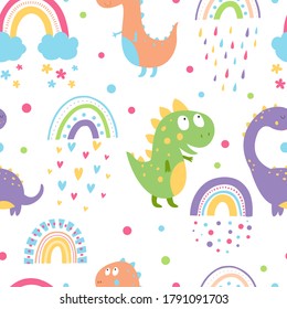 Seamless pattern with cute dinosaurs, rainbows, clouds, stars, hearts. Rain from hearts. Colorful rain drops. Magic vector baby background. Digital paper. Digital Scrapbook Paper. Kids print.