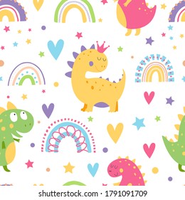Seamless pattern with cute dinosaurs, rainbows, clouds, stars, hearts. Rain from hearts. Colorful rain drops. Magic vector baby background. Digital paper. Digital Scrapbook Paper. Kids print.