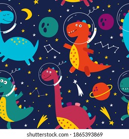 Seamless pattern with a cute dinosaurs in space. Dinosaur cosmonaut. Hand drawn vector illustration. Baby print. Great for childish textile, wallpaper.