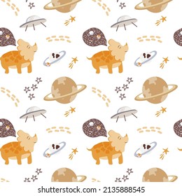 Seamless pattern with cute dinosaurs in space. Dinosaurs drawn in a flattened style on a white background. Planets, stars and space ships. Jurassic reptiles. Suitable for children's textile packaging.