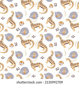Seamless pattern with cute dinosaurs in space. Dinosaurs dreaming of a rocket, drawn in a flat style on a white background. Planets and dinosaurs. Reptiles. Suitable for packing children's textiles.