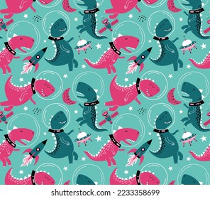 Seamless pattern with cute dinosaurs in space.  Fabric design. Wallpaper. Space dinosaurs. Lizard.