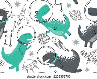 Seamless pattern with cute dinosaurs in space.  Fabric design. Wallpaper. Space dinosaurs. Lizard.