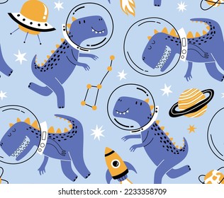 Seamless pattern with cute dinosaurs in space.  Fabric design. Wallpaper. Space dinosaurs. Lizard.