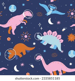 Patrón sin foco con lindos dinosaurios en el espacio. Gráficos vectoriales.