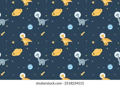 Seamless pattern with cute dinosaurs in space. Pattern with funny dinos in astronaut costume, stars and planets. Space explorer, cosmonaut, graphic art. Vector kids pattern.