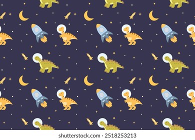 Seamless pattern with cute dinosaurs in space. Pattern with funny dinos in astronaut costume, stars, moon and rockets. Space explorer, cosmonaut, graphic art. Vector kids pattern.