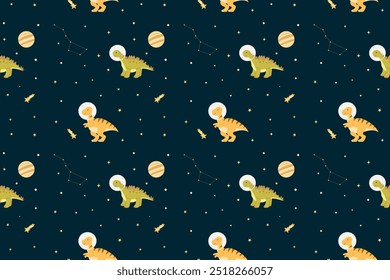 Seamless pattern with cute dinosaurs in space. Pattern with funny dinos in astronaut costume, stars, and constellation. Space explorer, cosmonaut, graphic art. Vector kids pattern.