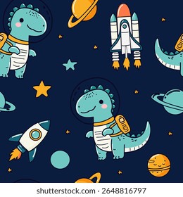 Padrão contínuo com dinossauros bonitos no espaço com estrelas, planetas e foguetes. Gráficos vetoriais