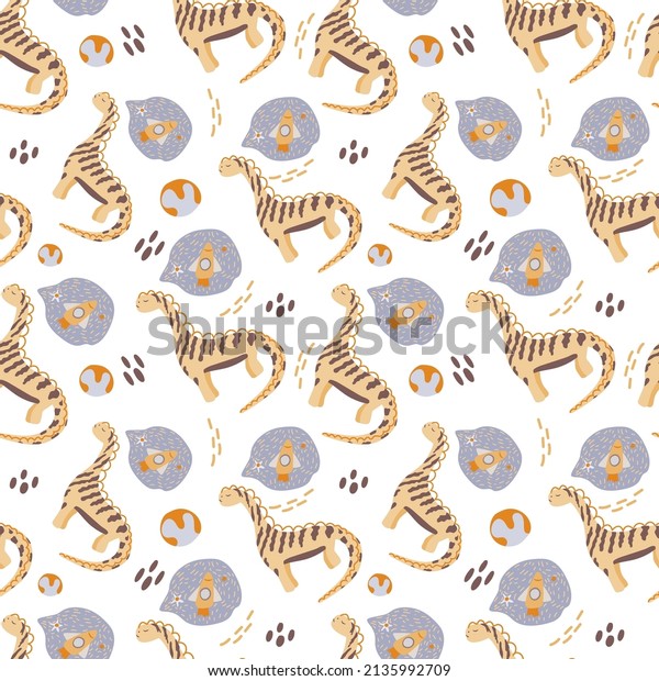 Seamless pattern with cute dinosaurs in space.\
Dinosaurs dreaming of a rocket, drawn in a flat style on a white\
background. Planets and dinosaurs. Reptiles. Suitable for packing\
children\'s textiles.