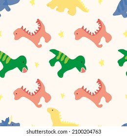 Seamless pattern with cute dinosaurs and stars.