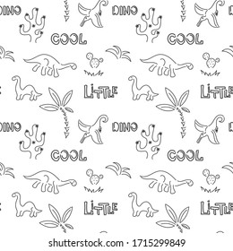 Seamless pattern with Cute dinosaurs in the style of the line. Palm trees, cacti, and handwriting