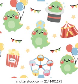 Seamless pattern of cute dinosaurs in theme park concept.Popcorn,Ferris wheel,ball,bubble,tent cartoon hand drawn.Fun.Play time.Kawaii.White background.Vector.Illustration.