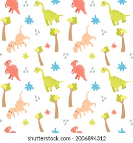 Seamless pattern with cute dinosaurs and trees on a white background. Vector endless texture with cartoon style for childish design