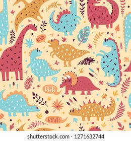 Seamless pattern of cute dinosaurs with tropical leaves. Hand drawn vector illustration. Cute design for kids.