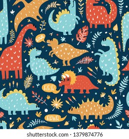 Seamless pattern of cute dinosaurs with tropical leaves. Hand drawn vector illustration. Cute design for kids.
