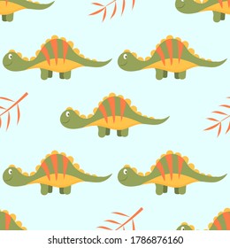 Seamless pattern with cute dinosaurs and tropical leaves on blue background. Vector cartoon illustration.
