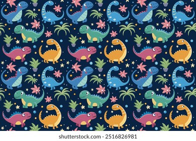 Seamless pattern with cute dinosaurs and tropical plants for baby fabric, covers, background