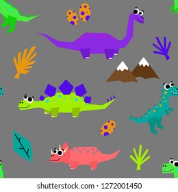 Seamless pattern of cute dinosaurs. Vector cartoon background. Flat design. Baby illustration.
