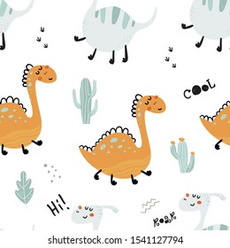 Seamless pattern with cute dinosaurs. Vector illustration for kids, nursery, card, birthday party, clothing, textiles, wallpaper