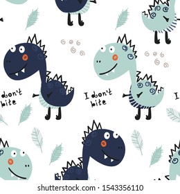Seamless pattern with cute dinosaurs. Vector illustration for kids, nursery, card, birthday party, clothing, textiles, wallpaper