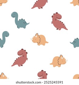 Seamless pattern with cute dinosaurs. Vector illustration in cartoon style. For kids design, card, posters, banners, printing on the pack, printing on clothes, fabric, wallpaper.