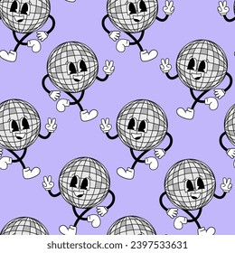 Seamless pattern with cute disco balls. Vector background in retro style. Vintage mascot character