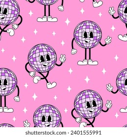 Seamless pattern with cute disco balls. Vector background in retro style. Vintage mascot character