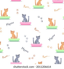 Seamless pattern with cute dissatisfied licking kittens, cats  sitting in the bed and lettering for cats isolated on white. Vector illustration. Print for packaging, fabrics, wallpapers, textiles.