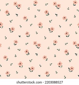 Seamless pattern, cute ditsy print with a simple arrangement of small plants on a pink background. Romantic botanical surface design with tiny hand drawn flowers and leaves in pink colors. Vector.