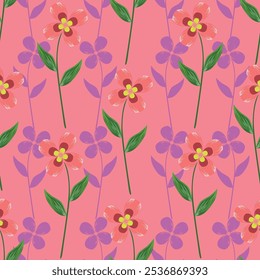 Seamless pattern, cute ditsy print with spring flower arrangement on a blue background. Romantic botanical background with pretty hand drawn plants, white wild flowers, leaves. Vector illustration.