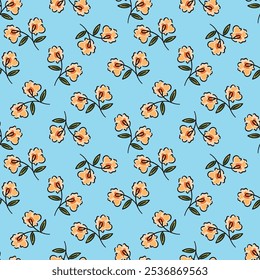 Seamless pattern, cute ditsy print with spring flower arrangement on a blue background. Romantic botanical background with pretty hand drawn plants, white wild flowers, leaves. Vector illustration.