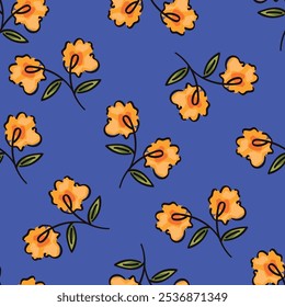 Seamless pattern, cute ditsy print with spring flower arrangement on a blue background. Romantic botanical background with pretty hand drawn plants, white wild flowers, leaves. Vector illustration.