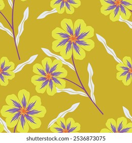 Seamless pattern, cute ditsy print with spring flower arrangement on a blue background. Romantic botanical background with pretty hand drawn plants, white wild flowers, leaves. Vector illustration.