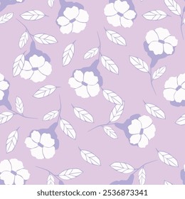 Seamless pattern, cute ditsy print with spring flower arrangement on a blue background. Romantic botanical background with pretty hand drawn plants, white wild flowers, leaves. Vector illustration.