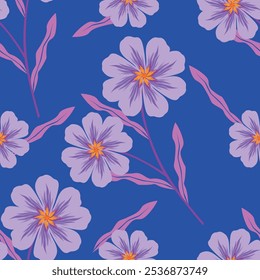 Seamless pattern, cute ditsy print with spring flower arrangement on a blue background. Romantic botanical background with pretty hand drawn plants, white wild flowers, leaves. Vector illustration.