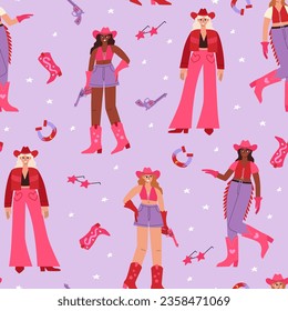 Seamless pattern with cute diversity girls with cowboy boots, sunglasses and horseshoes. Cowgirl party disco concept. Vector flat background with women in pink cowgirl costumes