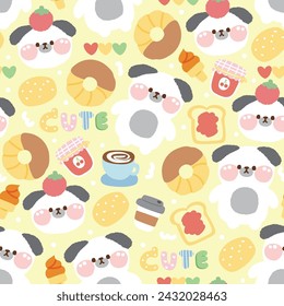 Seamless pattern of cute dog with bakery icon background.Pet animal character cartoon design.Donut,chocolate,coffee,bread,ice cream,heart,jam.Kawaii.Vector.Illustration