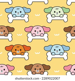 Seamless pattern of cute dog with bone on yellow background.Pet animal character cartoon design.Baby clothing.Colorful.Kawaii.Vector.Illustration.