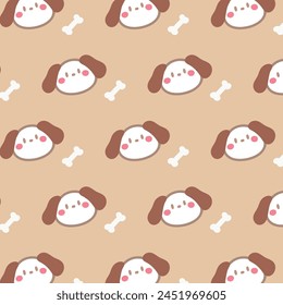 Seamless pattern with cute dog and bone on brown background.