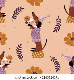 Seamless pattern with a cute dog and a bouquet of flowers. Festive wallpaper with dachshund in vintage style. Vector hand drawn illustration